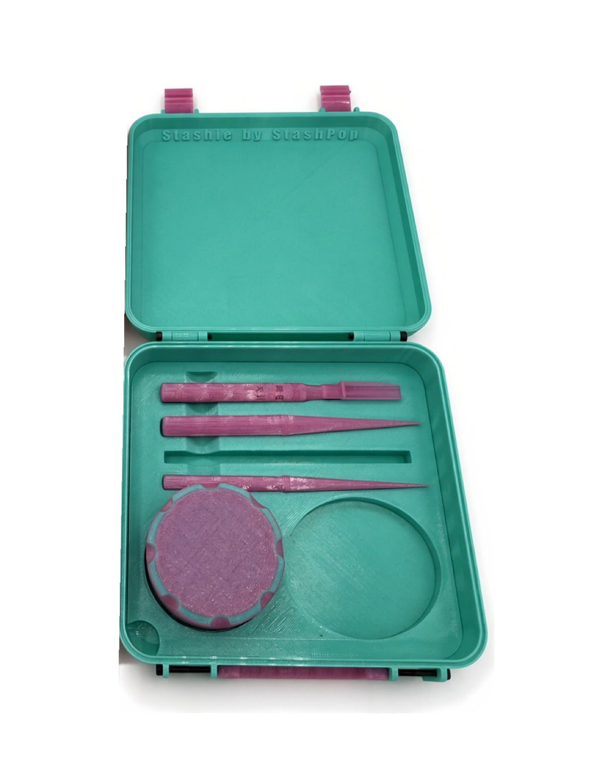 Cotton Candy STASHIE: teal case with pink tools and stash container, open