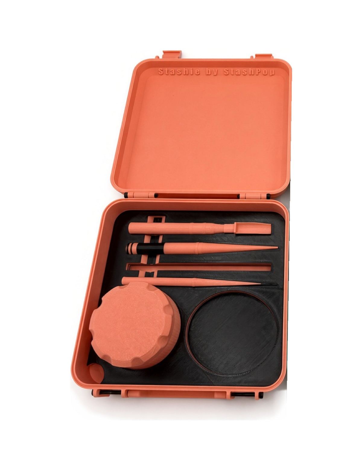 Creamsicle STASHIE: coral case with black insert, open