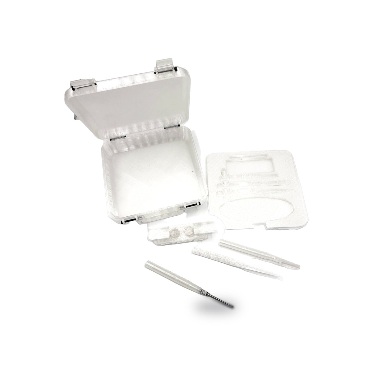 Frosted white STASHIE case, insert and tools laid out