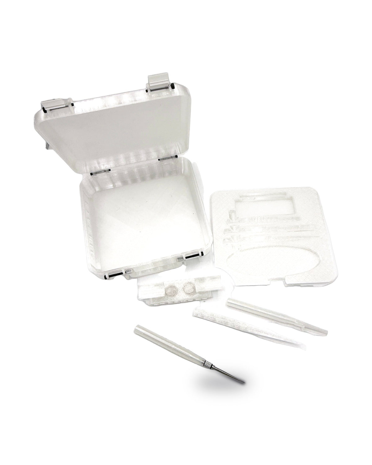 Frosted white STASHIE case, insert and tools laid out