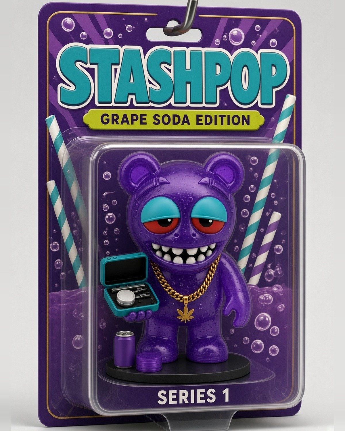 STASHIE SERIES 1 Grape Soda Edition figure in its STASHPOP blister card