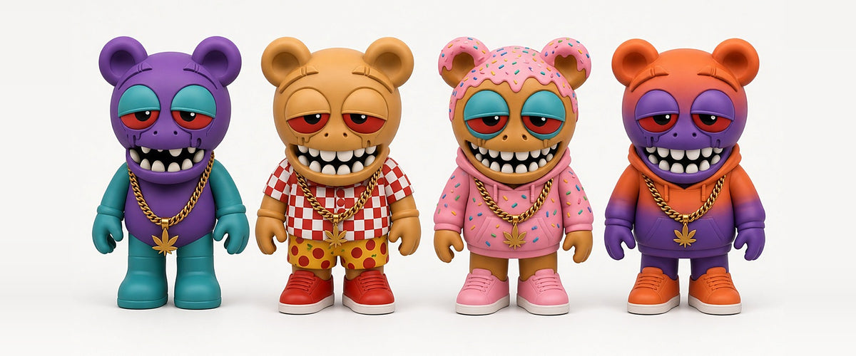 Four STASHIE SERIES 1 figures standing in a row: the purple and teal original, a checkered pizza outfit, a pink sprinkle hoodie and an orange-to-purple fade