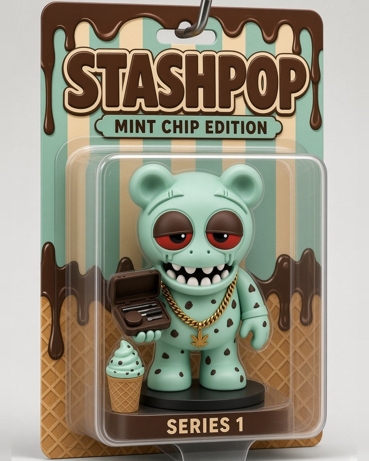 STASHIE SERIES 1 Mint Chip Edition figure in its STASHPOP blister card