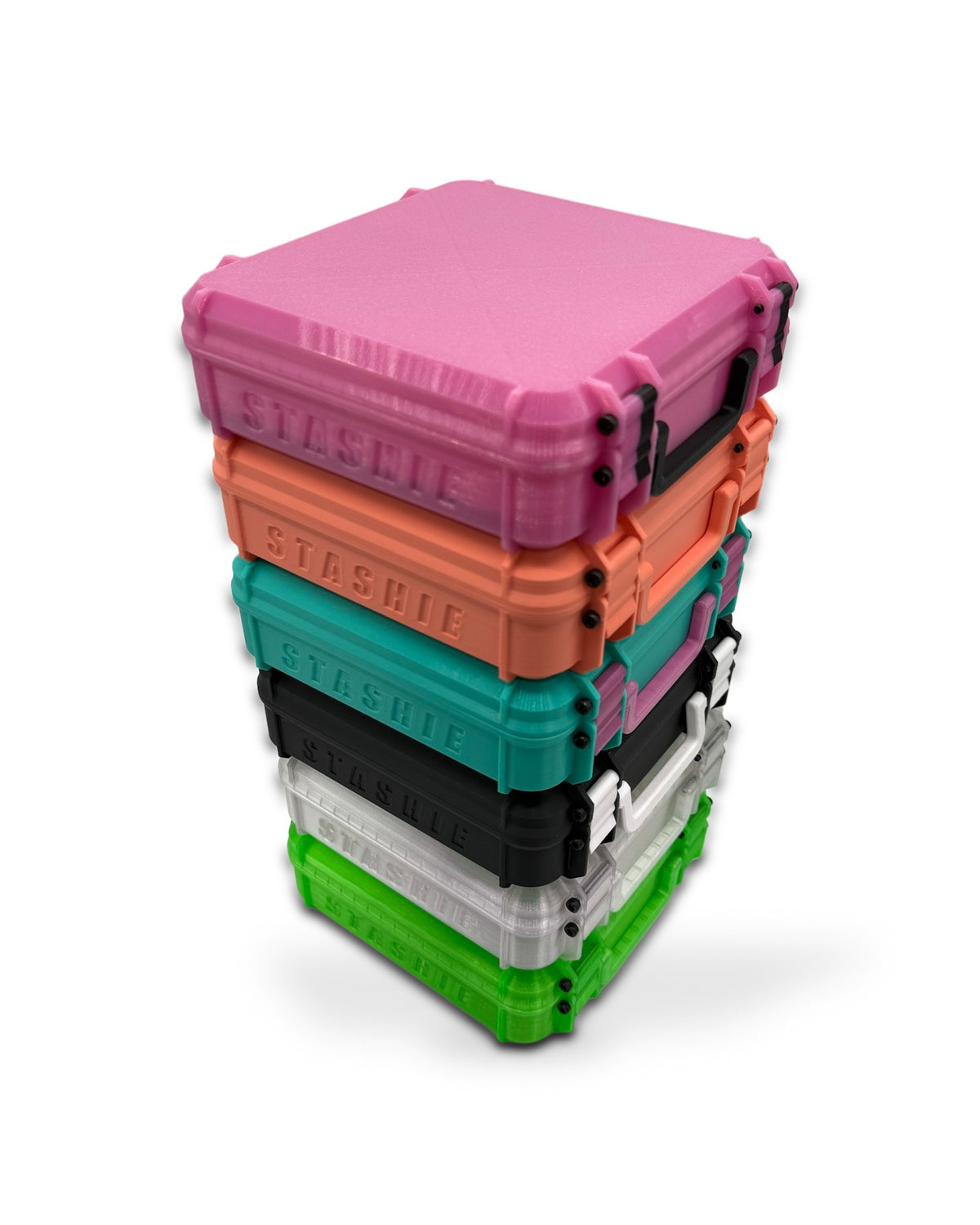 Six STASHIE cases stacked: pink, coral, teal, black, clear and lime.
