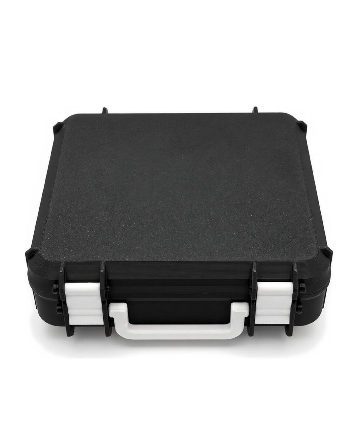 Tuxedo STASHIE: black case with white latches and handle, closed