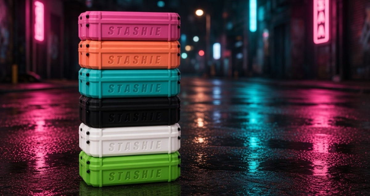 STASHIE color stack on a neon-lit street