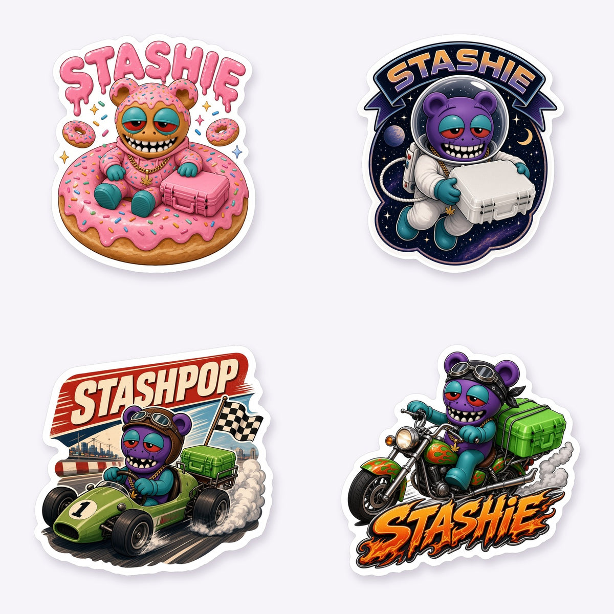 Four STASHIE die-cut sticker designs: donut, astronaut, race car and motorcycle